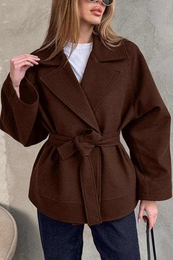 Retro-style Lapel Long-sleeved Belted Loose Coat