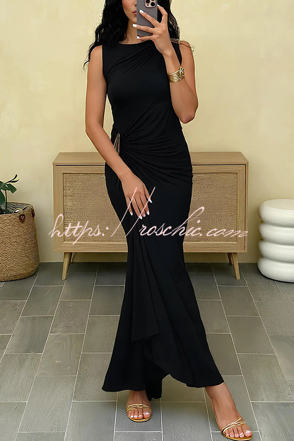 Fashionable Metallic Embellishments Pleated Sleeveless Slim-fit Maxi Dress