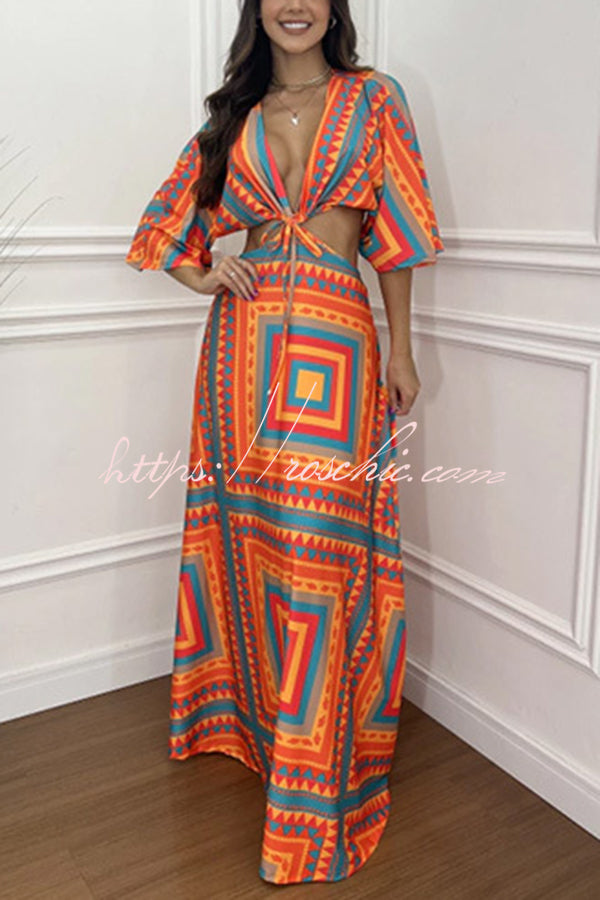 Wilma Unique Print Cutout Elastic Waist Tie-up Kimono Sleeve Maxi Dress