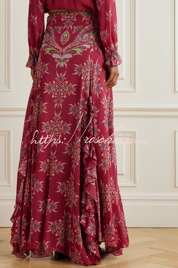 Unique Printed Chiffon Long-sleeved Loose Shirt and Elegant Ruffled Maxi Skirt Set