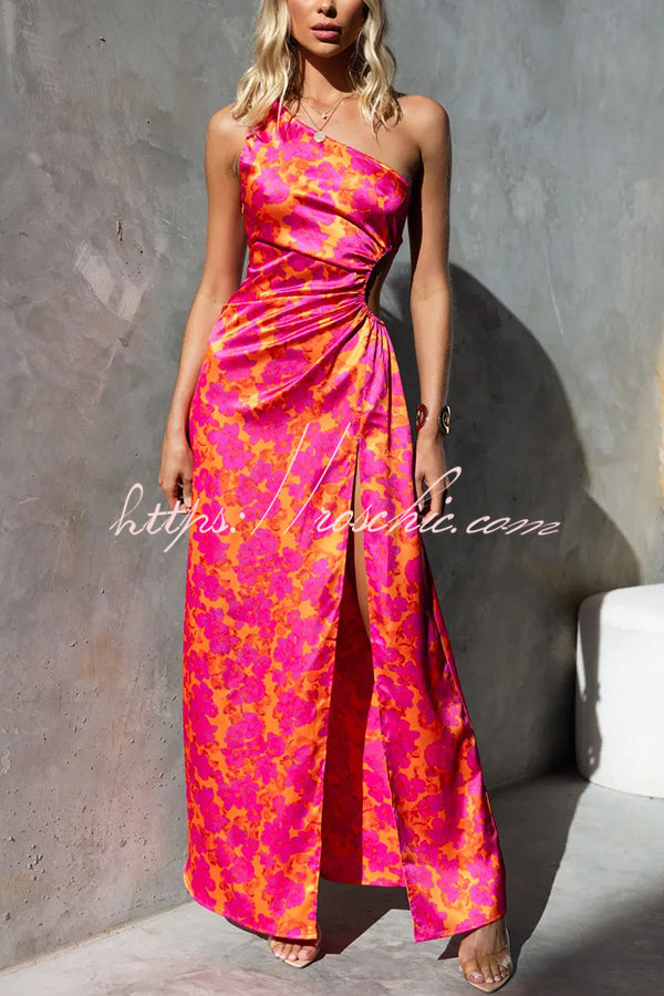 Carey Satin Floral Print One Shoulder Elastic Cut Out Slit Maxi Dress
