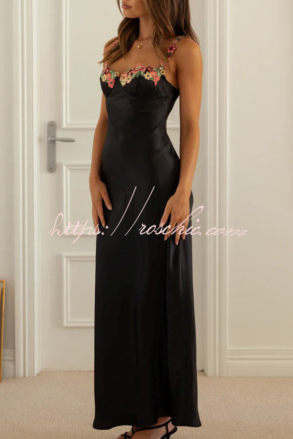 Endless Love Satin Embroidered Flower Trim Strap Maxi Dress