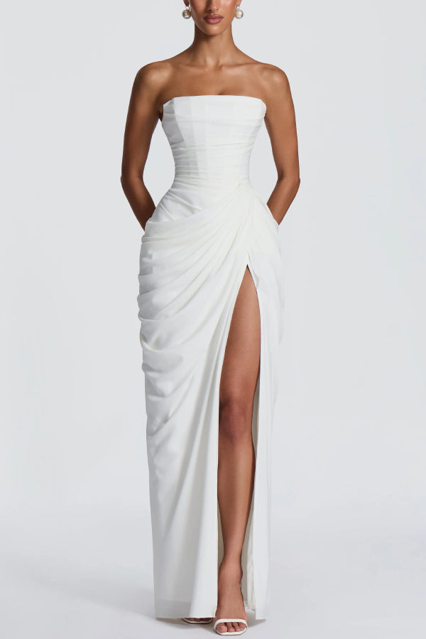 Cyra Back Lace-up Asymmetrical Pleats Strapless Slit Maxi Dress, White / M