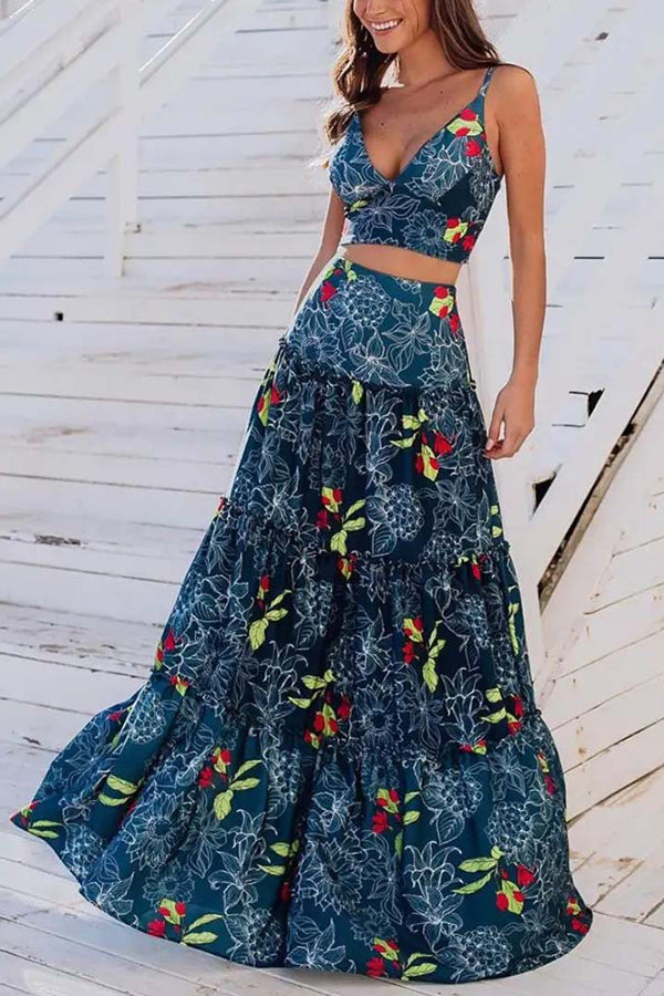 Unique Printed Suspenders Top and Loose Paneled Beach Maxi Skirt Set