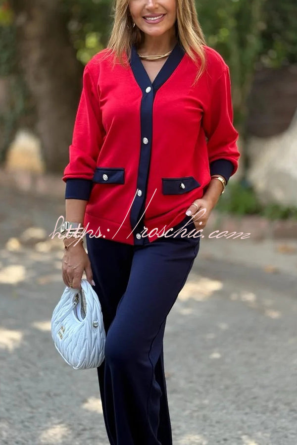 Stylish Color-blocked V-neck Knitted Button-down Cardigan and Elastic Waist Casual Wide-leg Pants Set