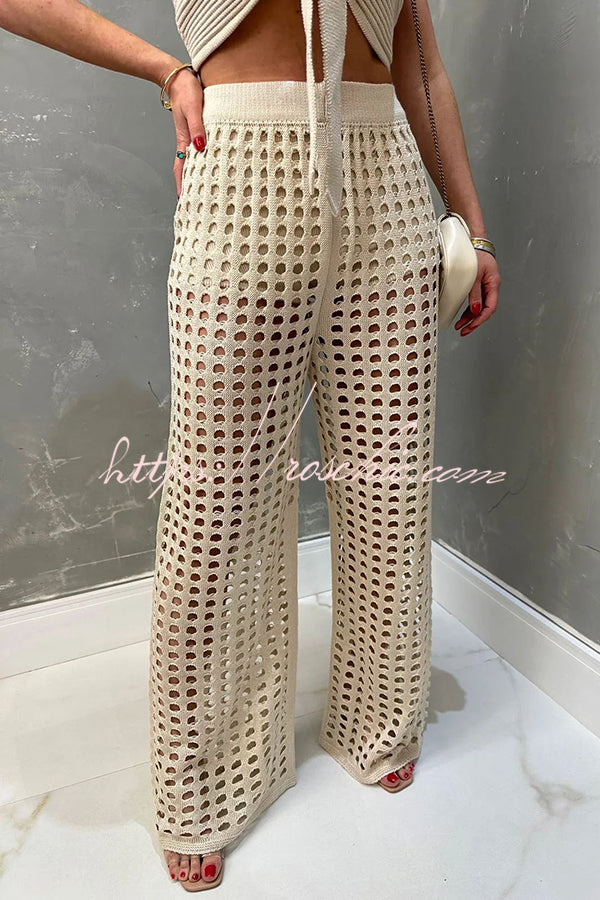 Riley Knit Front Knotted Bandeau and Stretch Hollow Out Wide Leg Pants Set