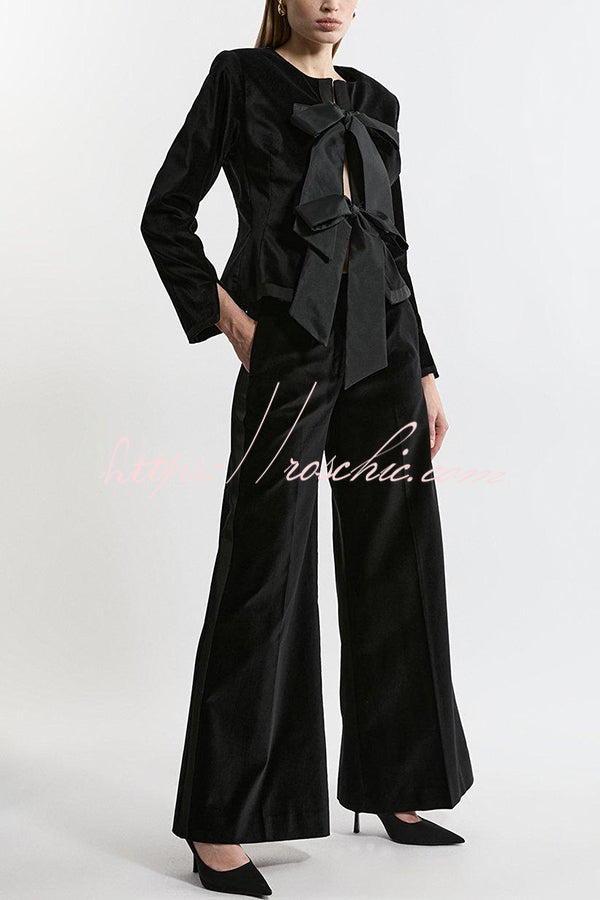 Cue The Cocktails Velvet Grosgrain Detail Pocketed Wide Leg Pants