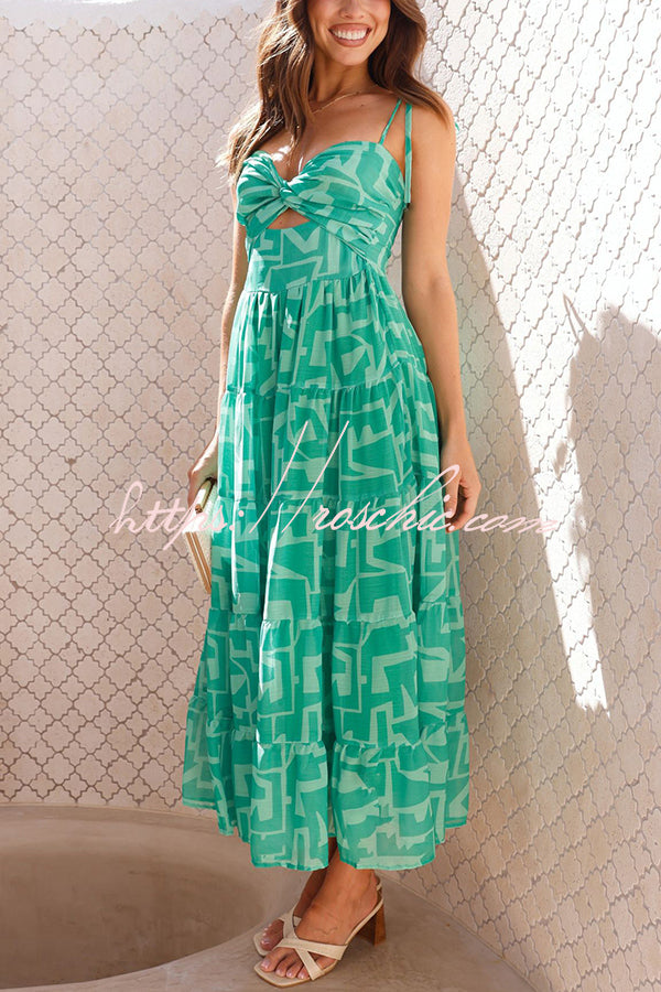 Unique Printed Suspender Tie Back Pleated Midi Dress