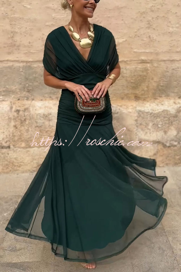 Unique Printed V-Neck Waisted Mesh Holiday Maxi Dress