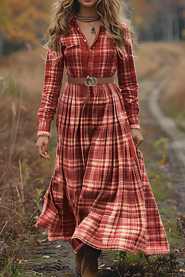 Plaid Print High-Waisted Button Vintage Maxi Dress