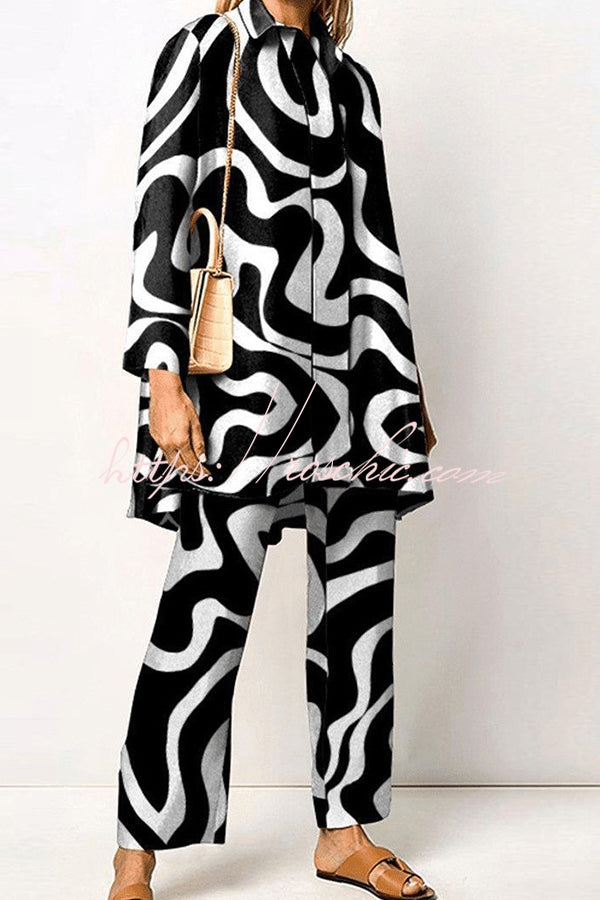 Geometric Print Lapel Long Sleeved Top and Pants Two Piece Set