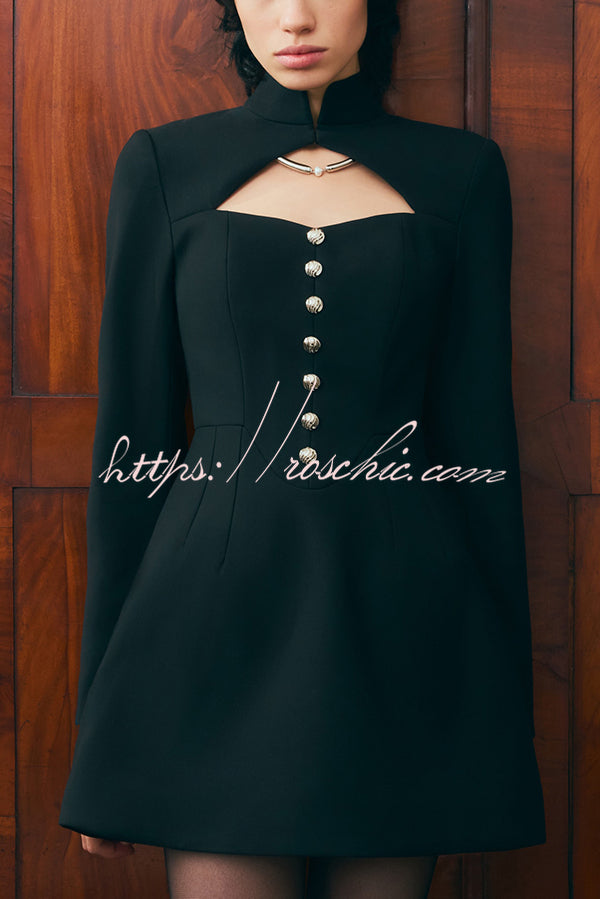 Elegant Long-sleeved Hollowed-out Button-down Slim-fit Mini Dress