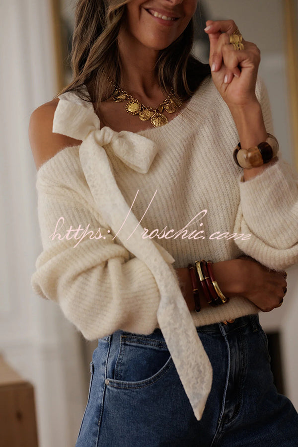 Solid Color Bow Tie Long-sleeved Casual Knit Sweater