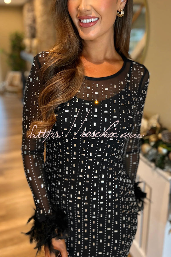 Sexy Long Sleeve Round Neck Feather Edge Rhinestone Decoration Slim Fit Maxi Dress