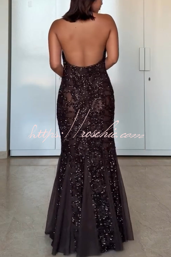 Twilight Gleam Sequin Textured Tulle Hem Halter Backless Maxi Dress