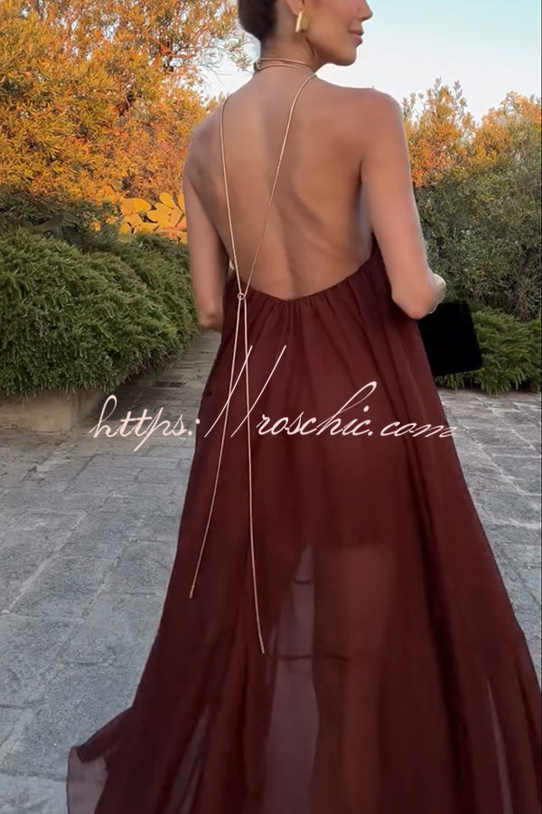 Flowing Lightweight Chiffon Chain Halter Neck Detail Backless A-line Maxi Dress