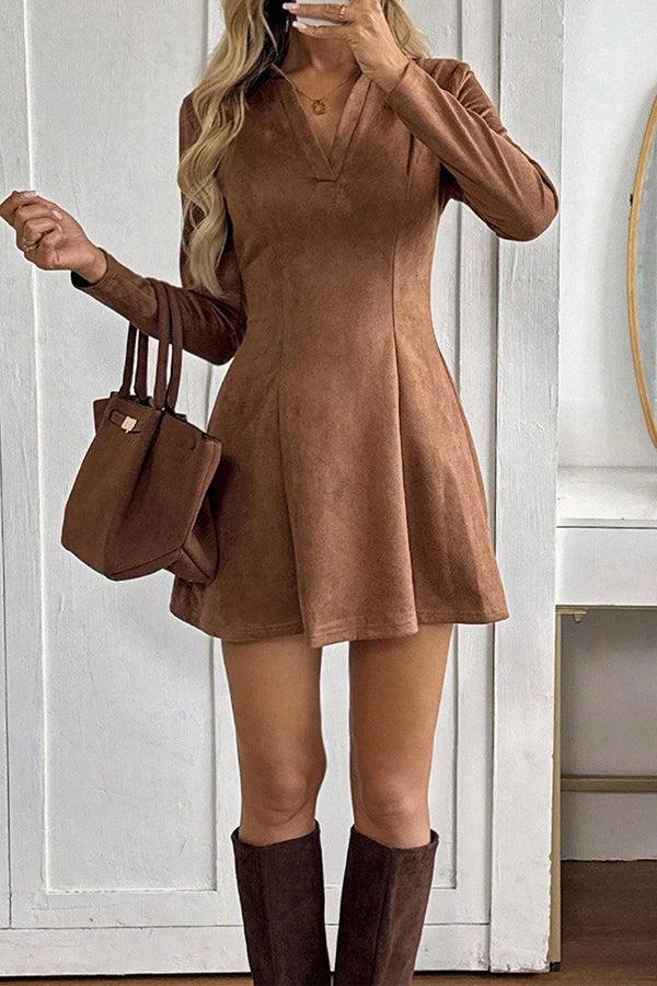 Stylish Suede Collared Long-sleeved Slim-fit Mini Dress