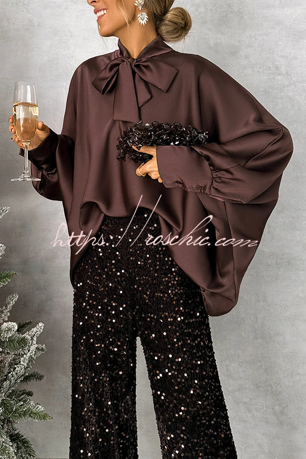 Chic and Merry Satin Bow Neck Batwing Sleeve Loose-fitting Blouse