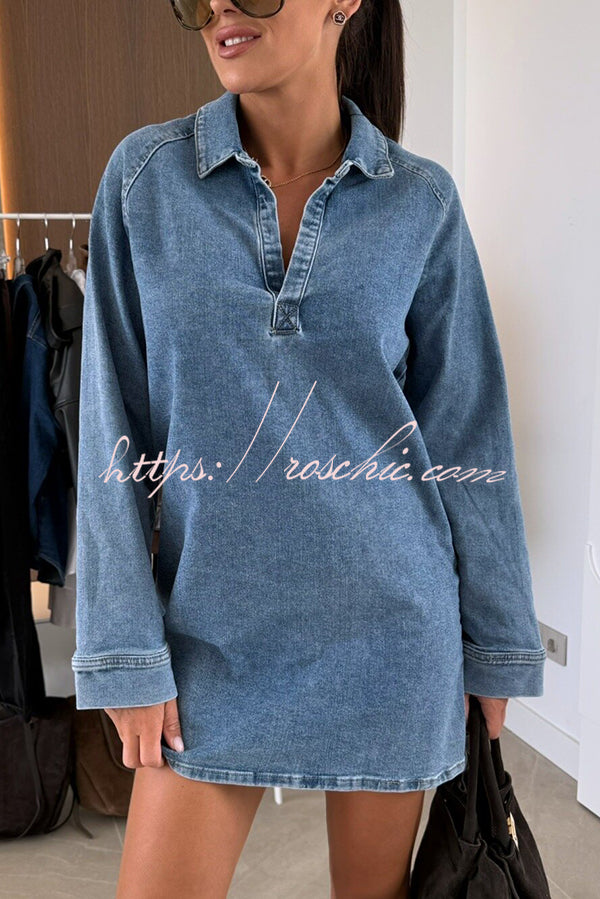 Fashion Lapel Long Sleeve Loose Denim Mini Dress