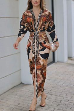 Verra Unique Print Dolman Long Sleeve Ruched Slit Midi Dress Verra Unique Print Dolman Long Sleeve Ruched Slit Midi Dress