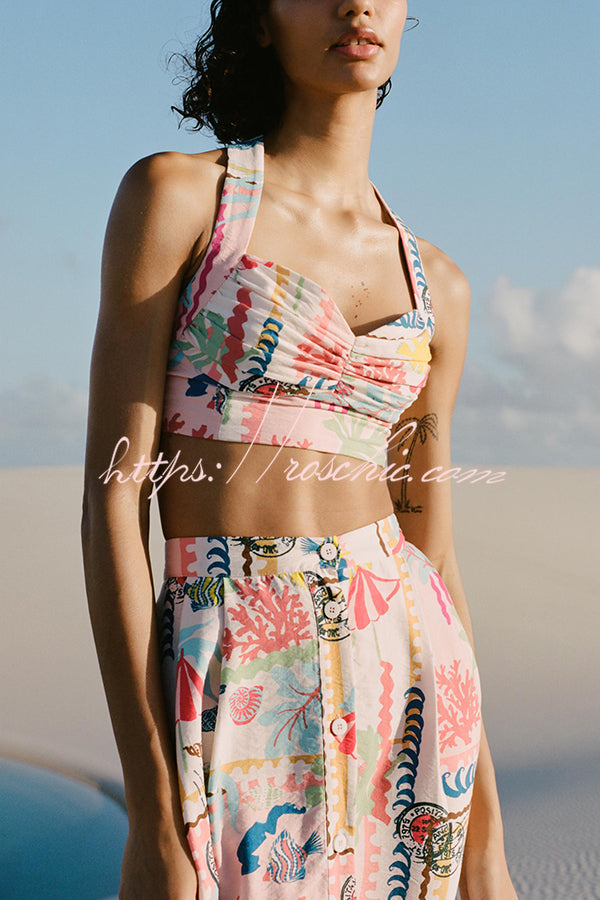 Multicolor Printed Sexy V Neck Halter Top and Midi Button-down Skirt Set