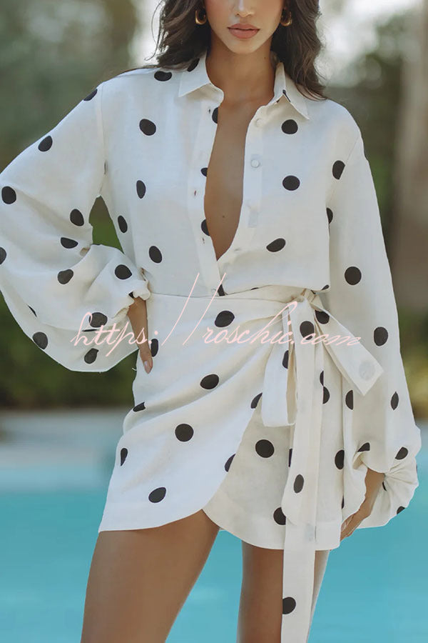 Effortlessly Linen Blend Polka Dot Balloon Sleeve Blouse and Wrap Tie-up Loose Mini Skirt Set