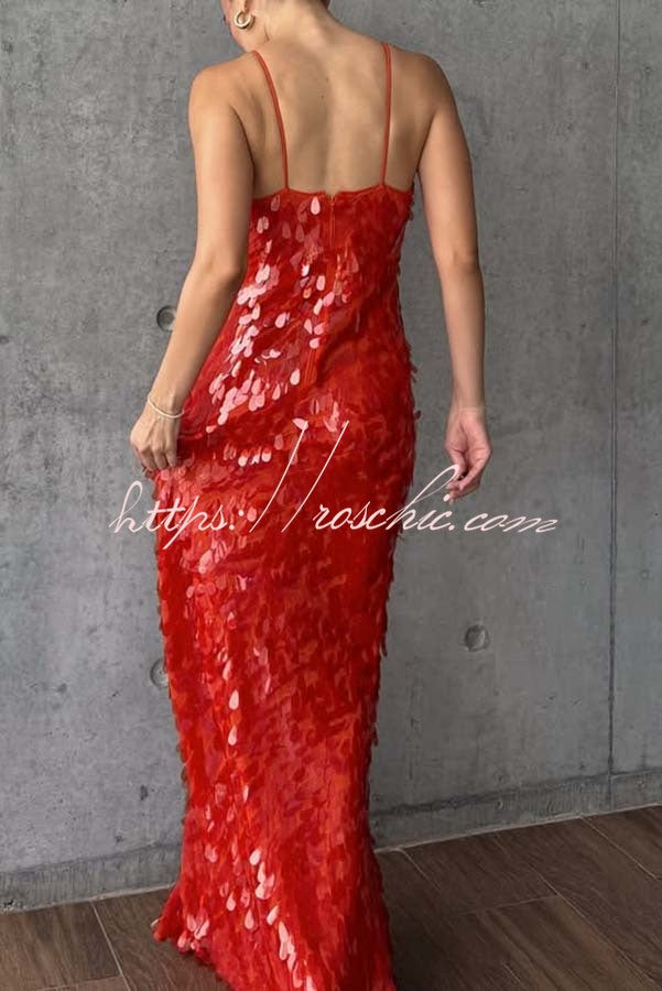 Reshape Beauty Fish Scale Sequin Cutout U-neck Slip Maxi Dress
