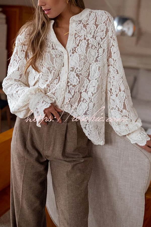Fashionable Lace Long-sleeved Casual Button-down Shirt