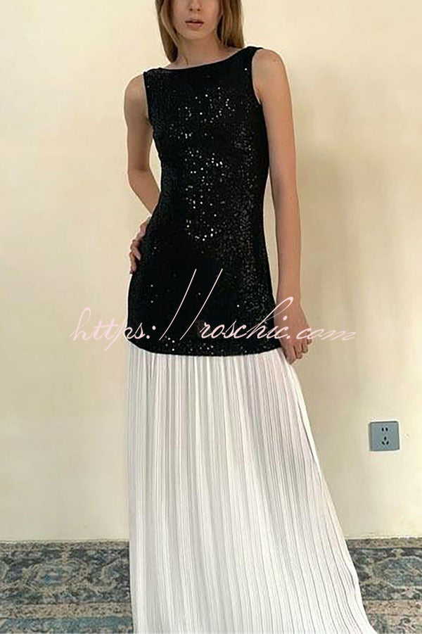 Sexy Backless Sleeveless Sequined Pleated Hem Maxi Dress