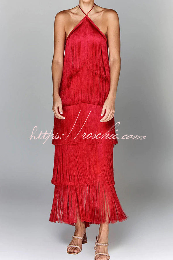 Sexy Halterneck Backless Elegant Fringe Maxi Dress