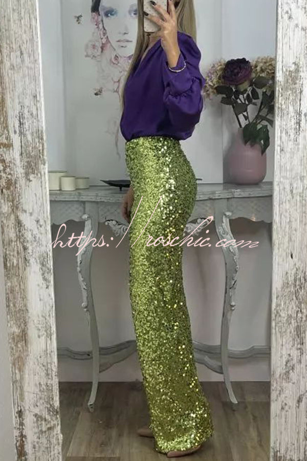 Glitzy Glamour Sequin High Rise Elastic Waist Wide Leg Pants