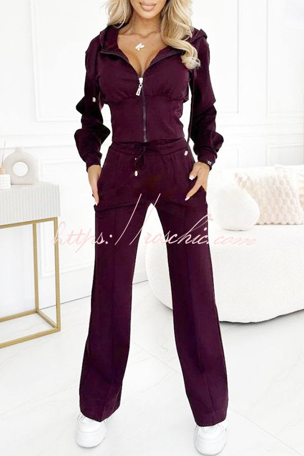 Solid Color Hooded Zip-up Jacket and Elastic Waist Pocket Wide-leg Pants Set