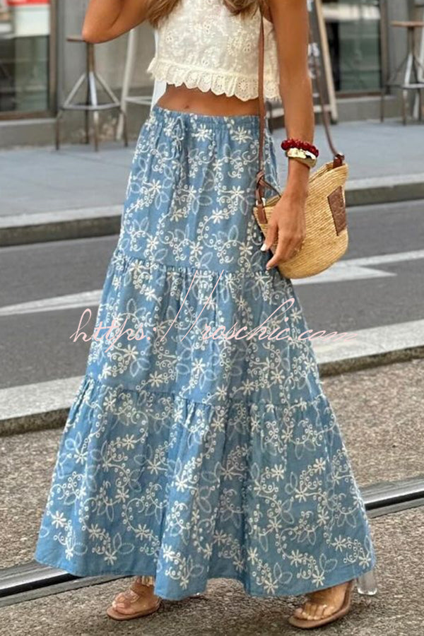 Floral Print Elastic Waist Loose Large Hem Skirt