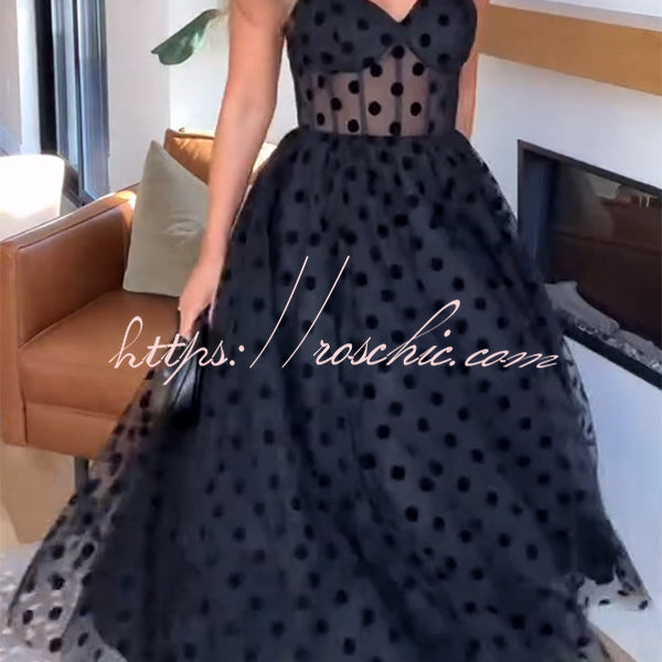 Perfect Guest Tulle Polka Dot Sweetheart Bustier A-Line Midi Dress, Black / L
