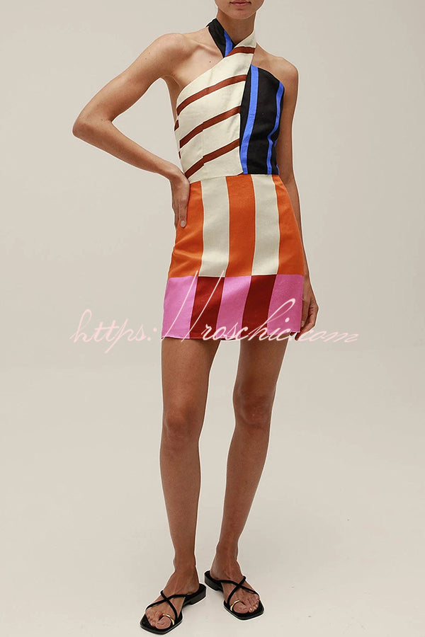 chinese dress ladies Jeniah Linen Blend Color Block Print Cross Halter Tie-up Loose Mini D –  roschic