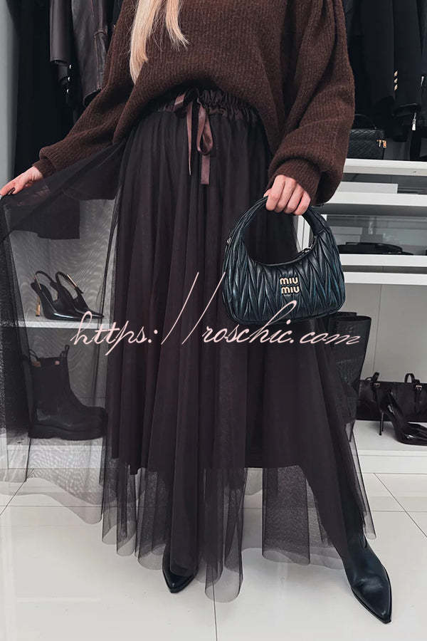 Romantic Winter Tulle Bow Elastic Waist Pleated Maxi Skirt