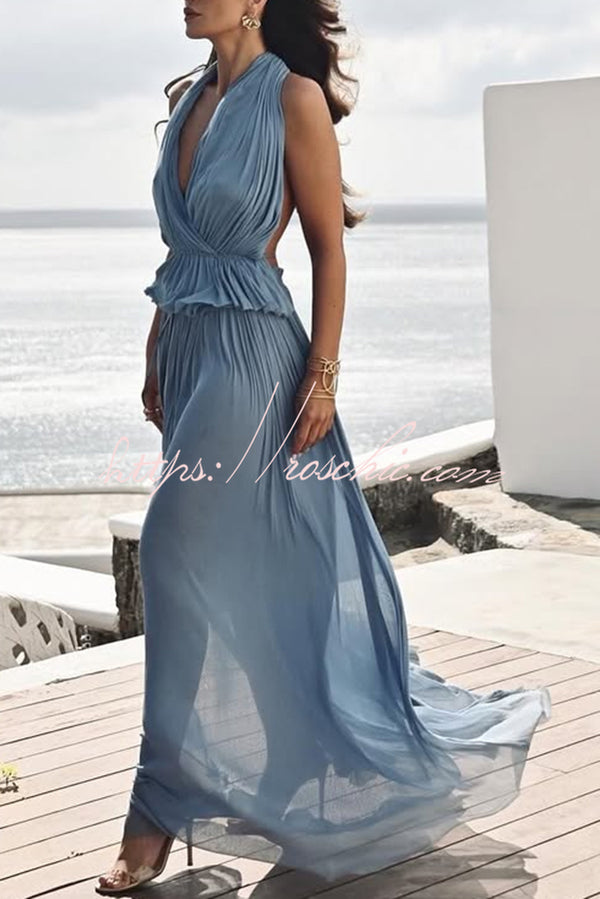 Pure Lightness Chiffon Pleated Halter Backless Top and Elastic Waist A-line Maxi Skirt Set