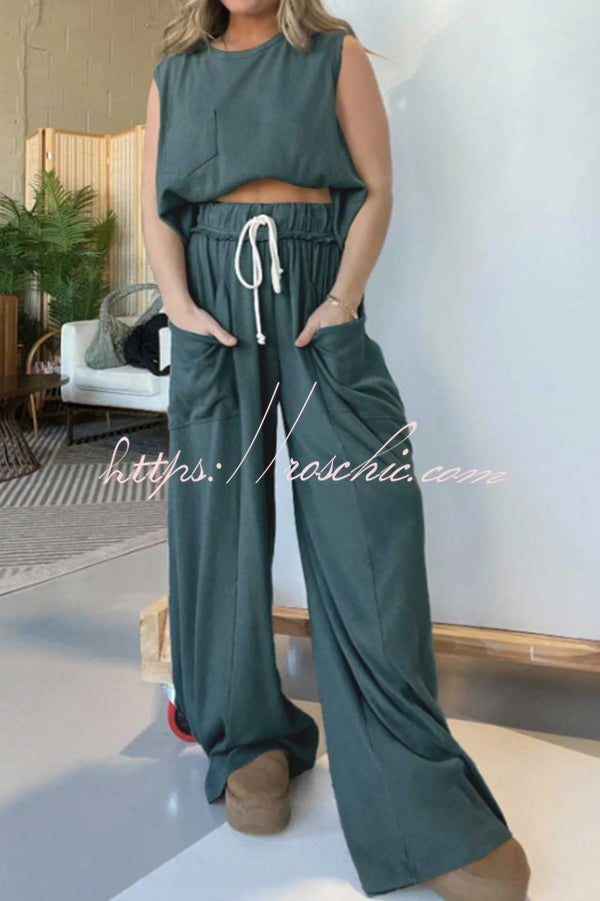 Best Comfort Pocketed Tank Top and Elastic Waist Wide Leg Pants Set