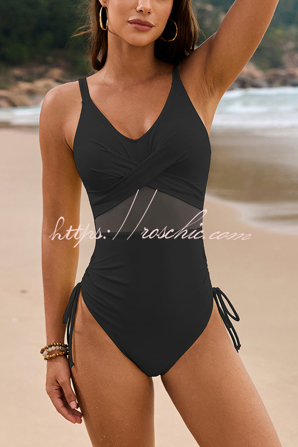 Solid Color Drawstring Waist Mesh One-Piece Bikini Swimsuit