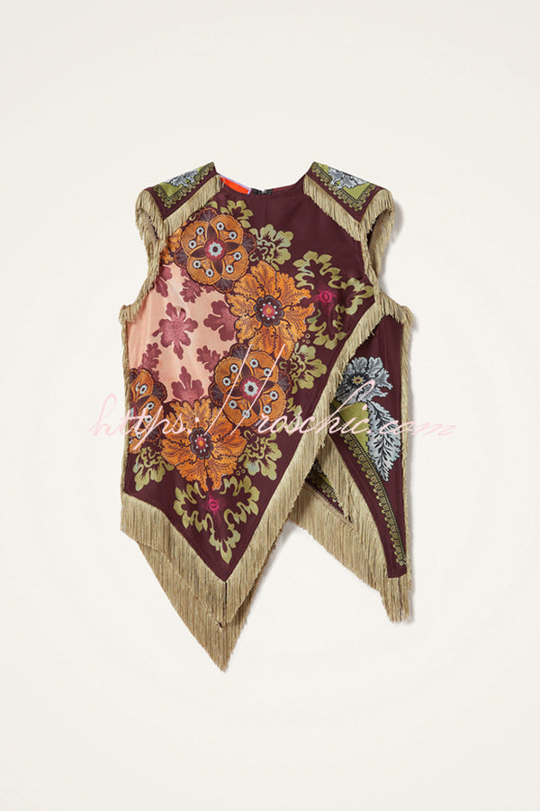 Stunning Floral Print Asymmetric Tassel Trim Scarf Top