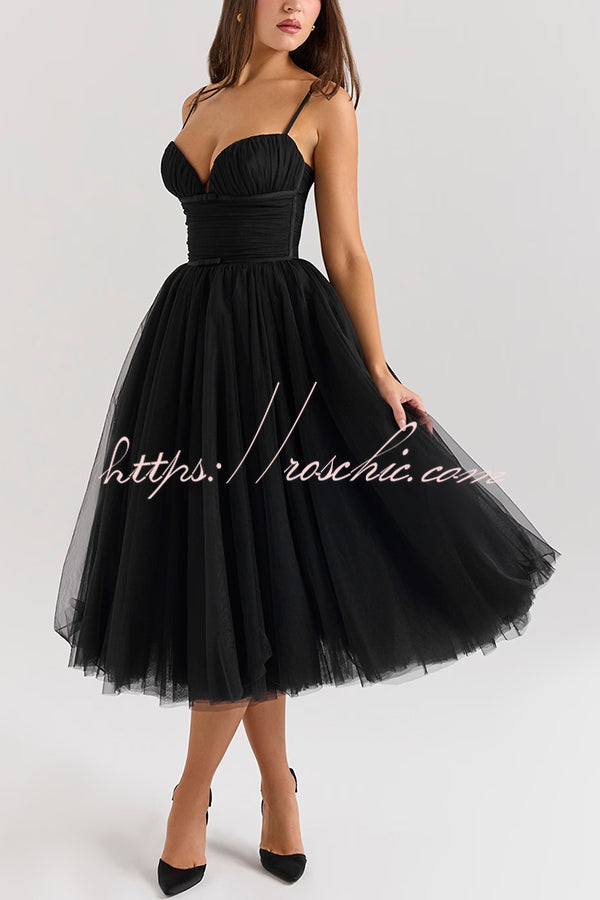 Royal Treatment Tulle Bows Detail Ruched Slip Midi Dress