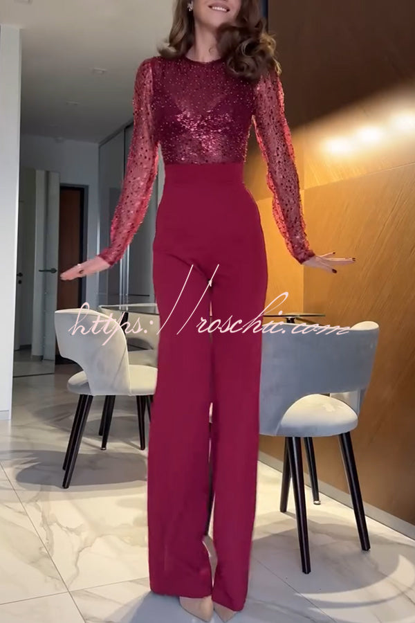 Seleia Tulle Sequin Patchwork Long Sleeve Wide Leg Stretch Jumpsuit