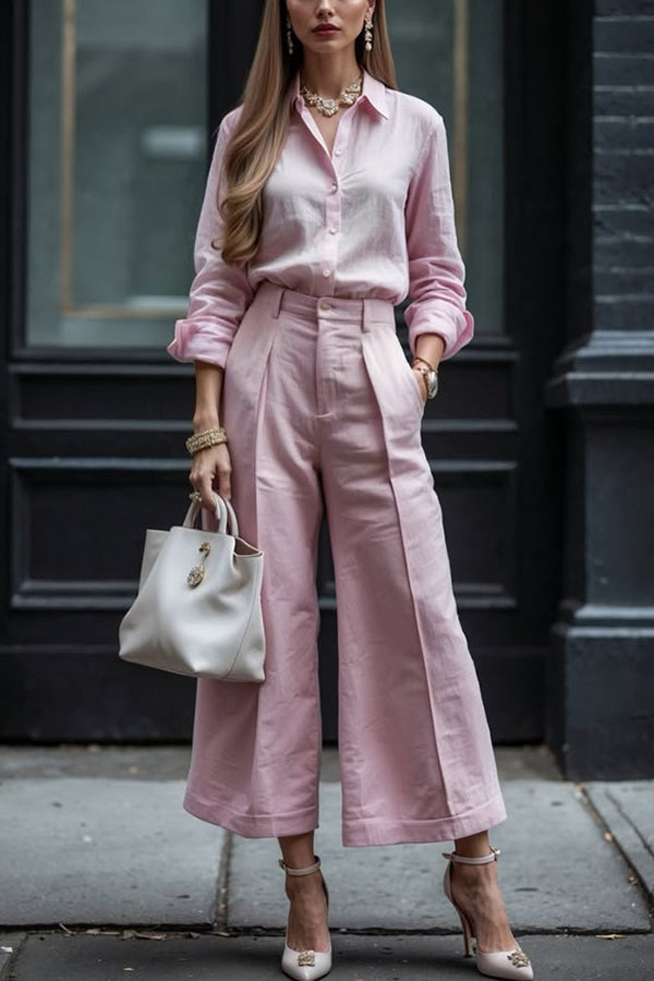 Solid Color Long-sleeved Lapel Casual Shirt and Pocket Loose Wide-leg Pants Set