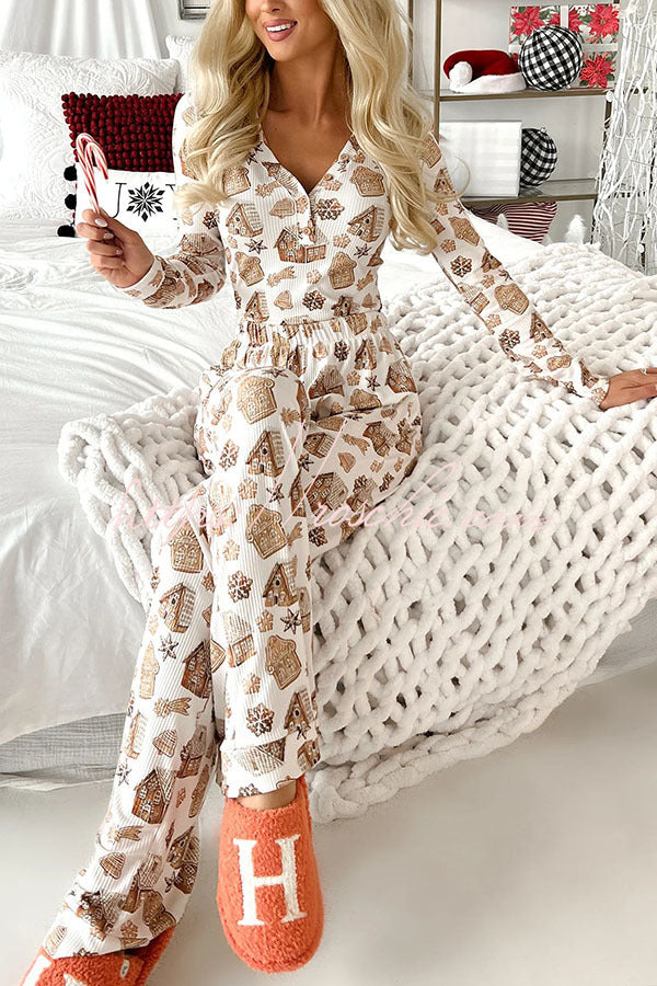 Start The Festival Gingerbread Print Ribbed Elastic Waist Lounge Pajama Set