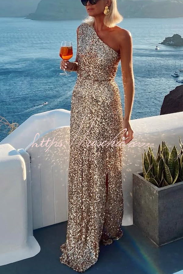 Santorini Night Sequin Fabric One Shoulder Slit Maxi Dress