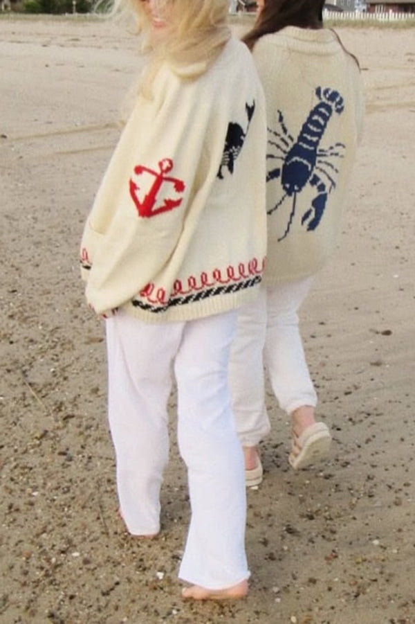 Fashion Lobster Print Casual Long Sleeve Knit Cardigan