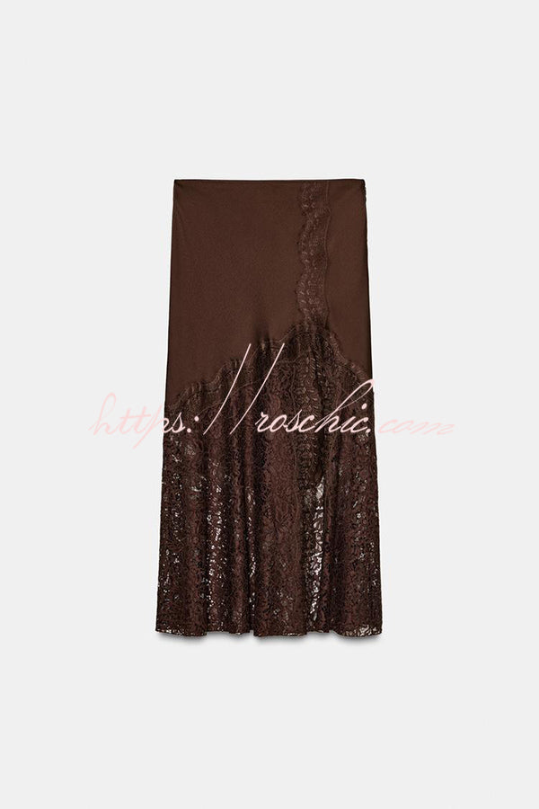 Cozy Sweet Darling Satin Lace Patchwork Mid Rise Slit Maxi Skirt
