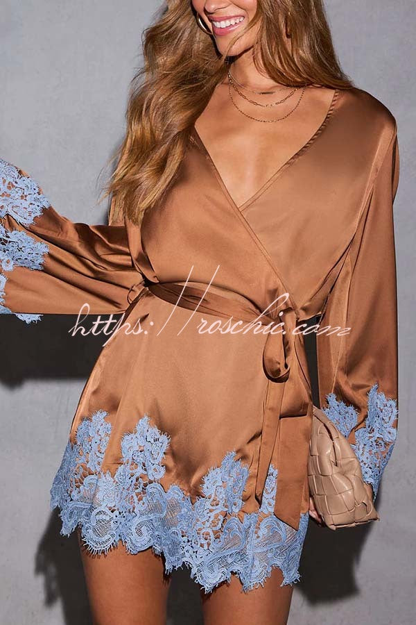 Joyful Bond Satin Lace Trim Contrast Color Bell Sleeve Tie-up Kimono Mini Dress