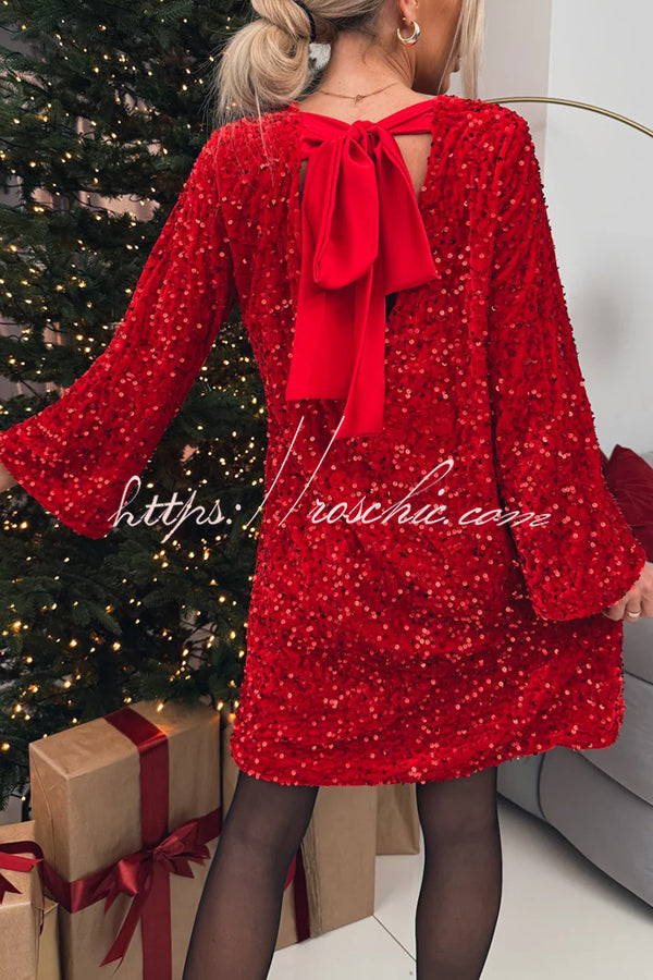 Velvet Sequin Back Bow Bell Sleeves Loose Mini Dress