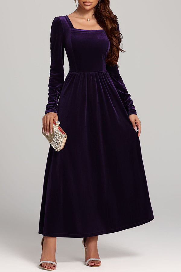 Solid Color Velvet Square Neck Long Sleeve Elegant Maxi Dress
